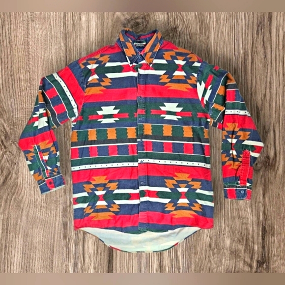 Vintage Men's New River J. Riggings Western Aztec Denim Longsleeve Button Up Top - Picture 9 of 13